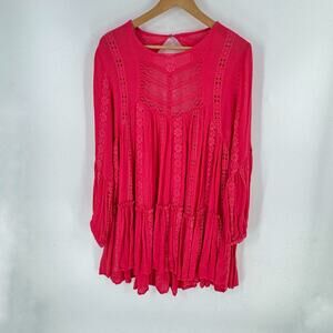 Free People Coral Boho Lace Peasant Tunic Top Dress Size M Flowy Prairie Fairy